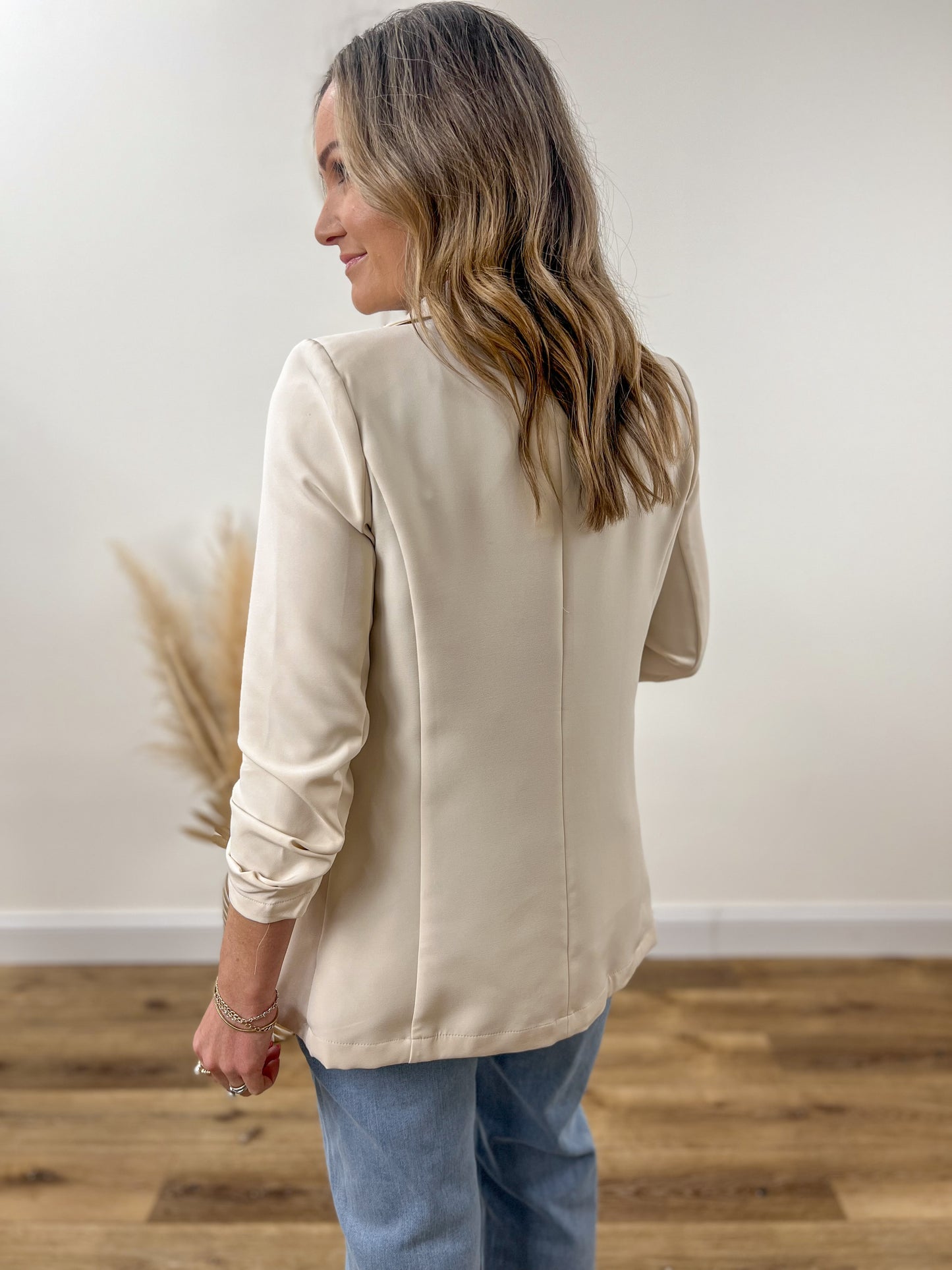 Ruched Sleeve Blazer- Cream