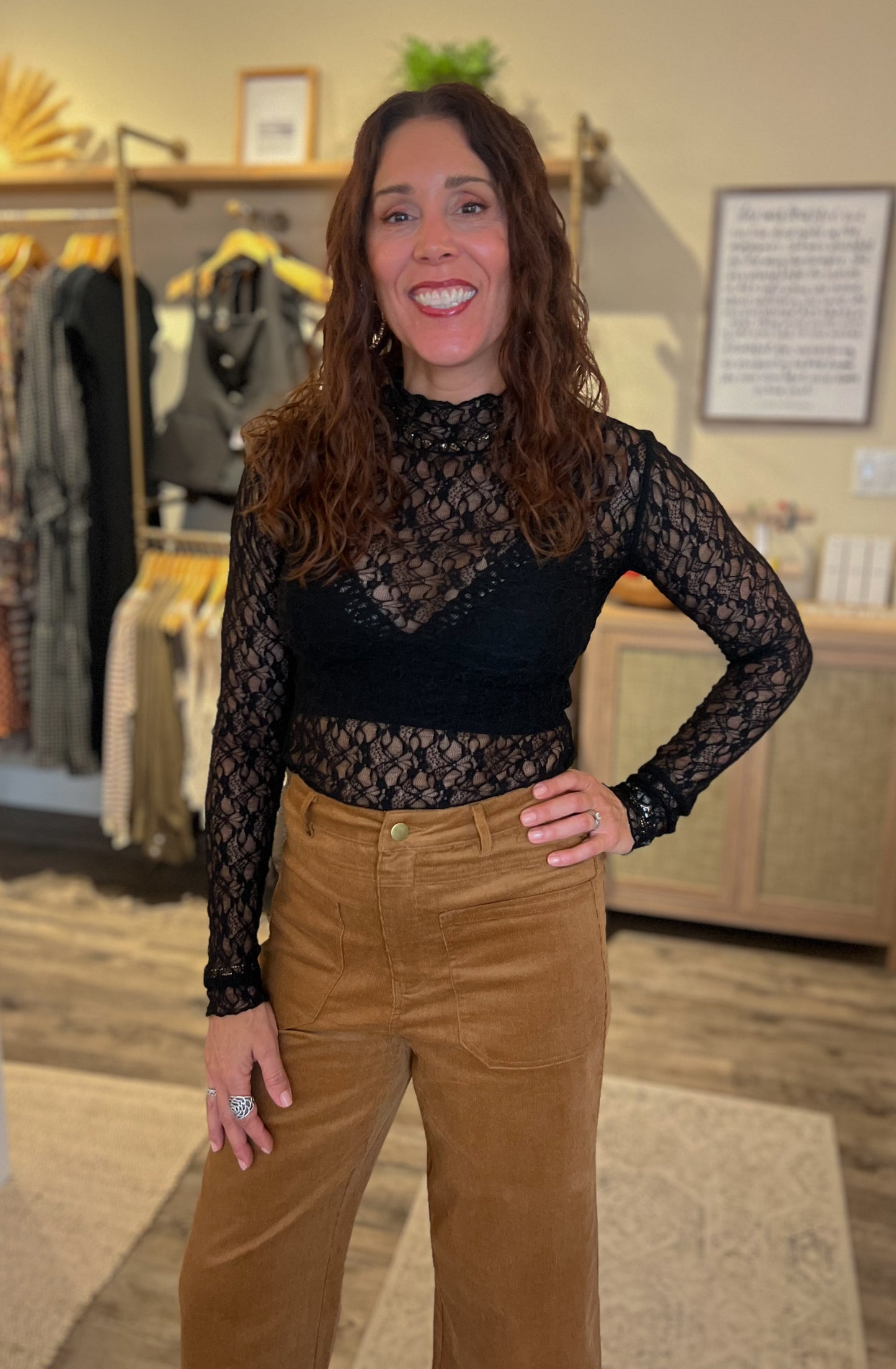Black Lace Mock Neck Top