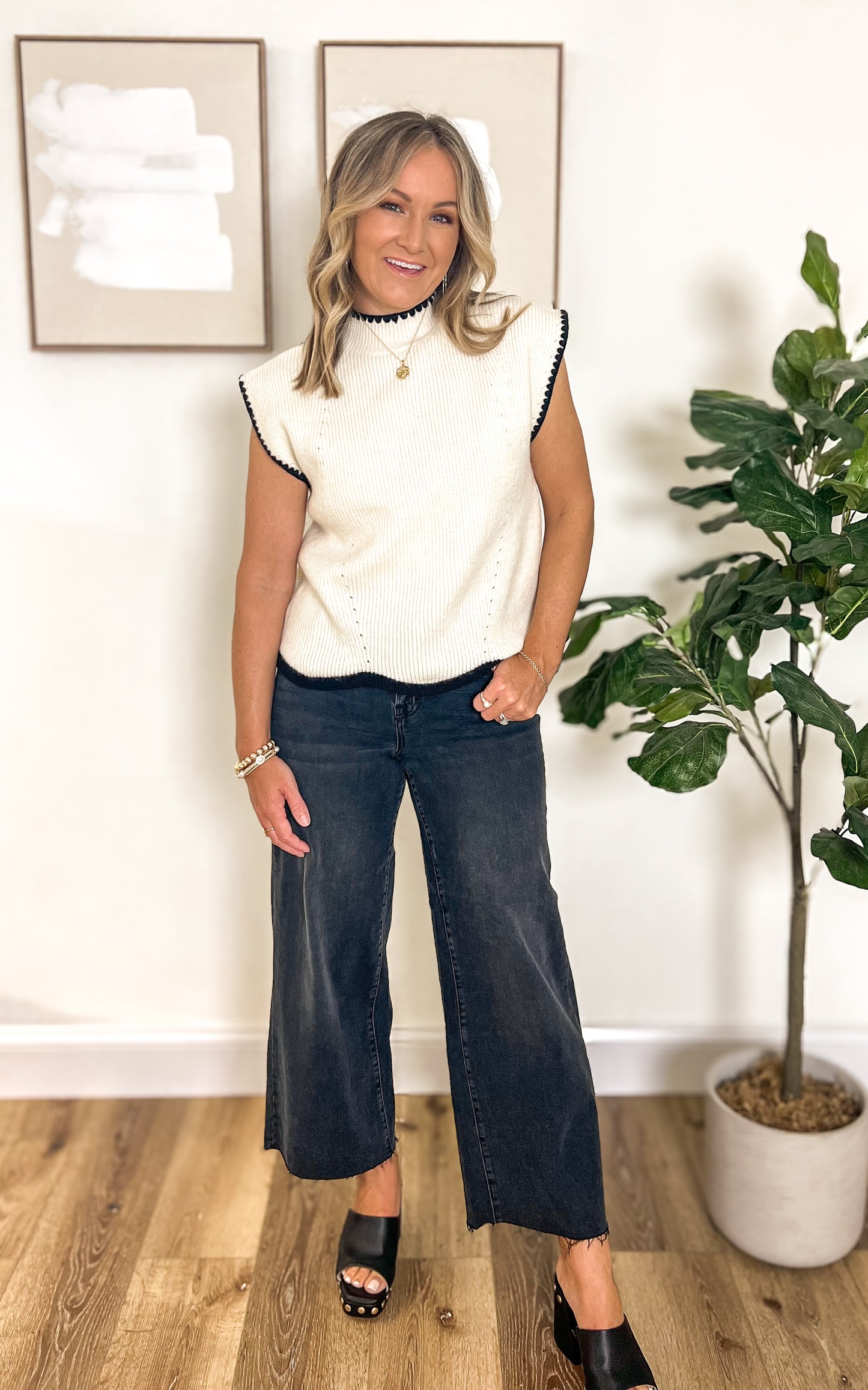 FINAL SALE - Cozy Classy Black Trim Sweater