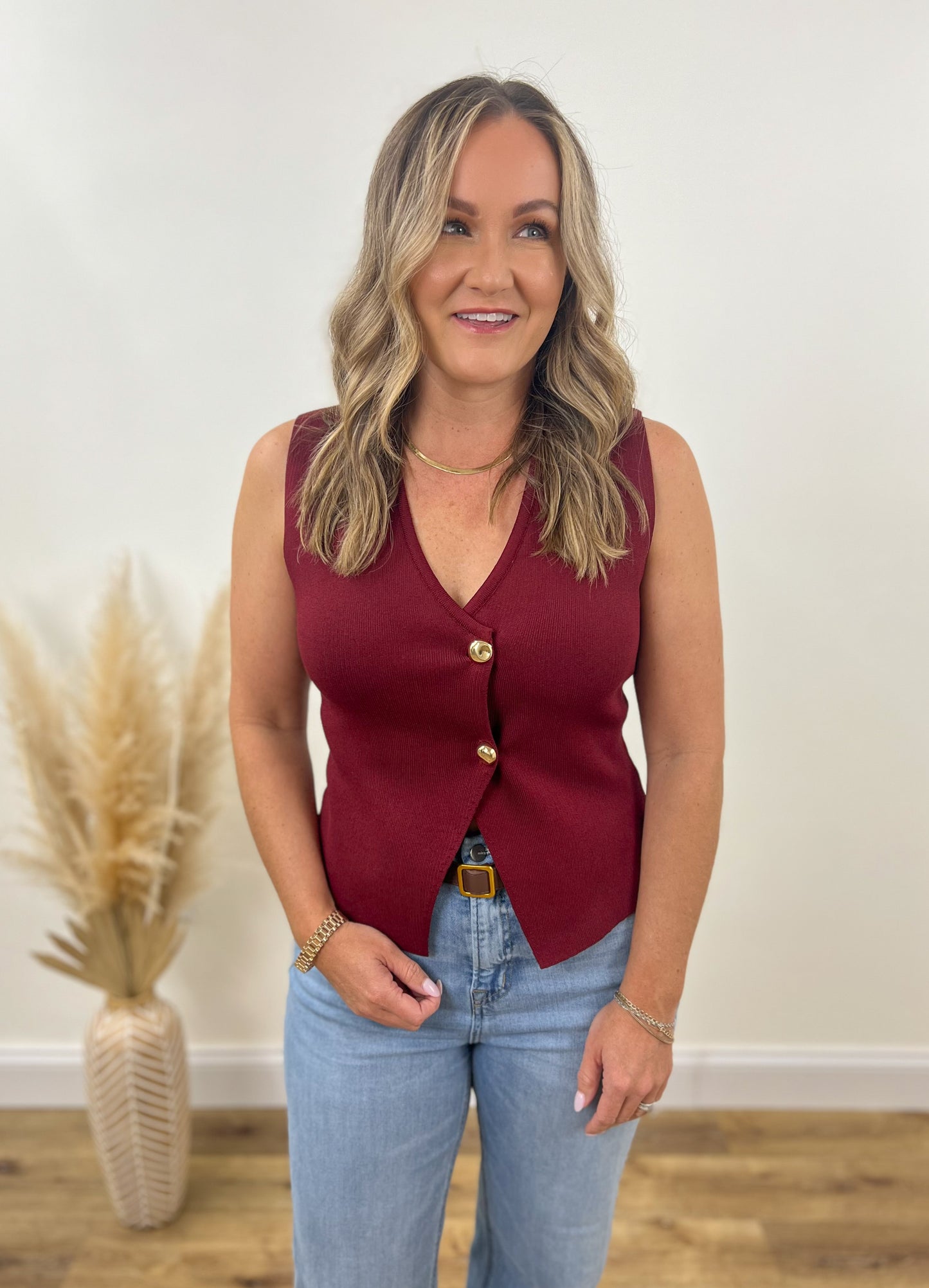 Gold Button Sweater Vest- Wine