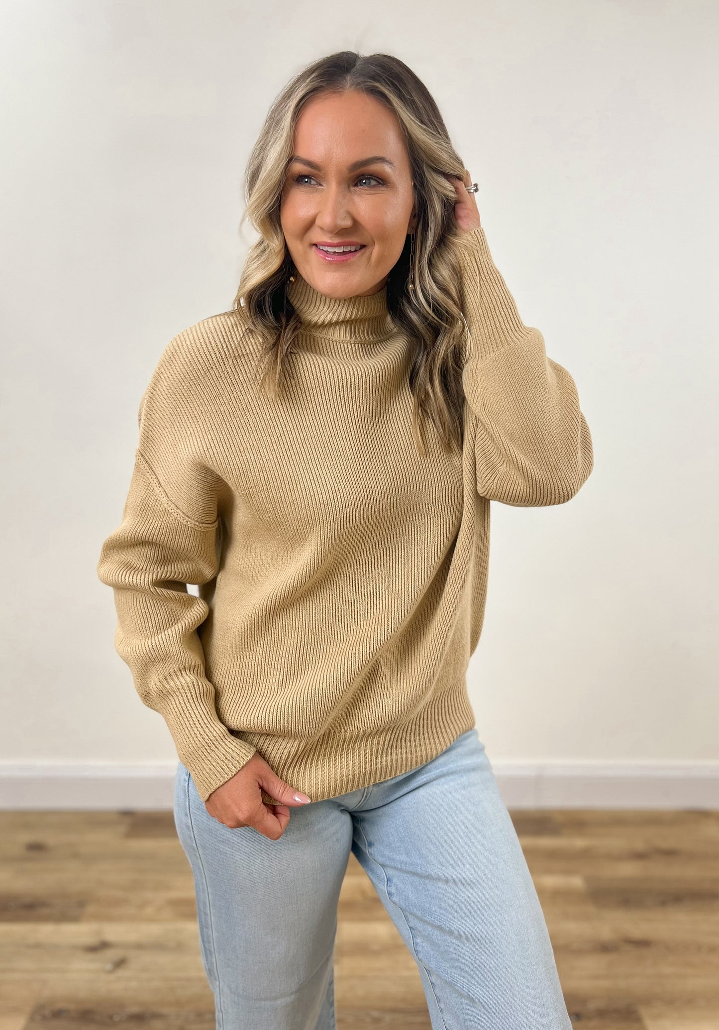 FINAL SALE - Ribbed Mock Neck Sweater- Khaki