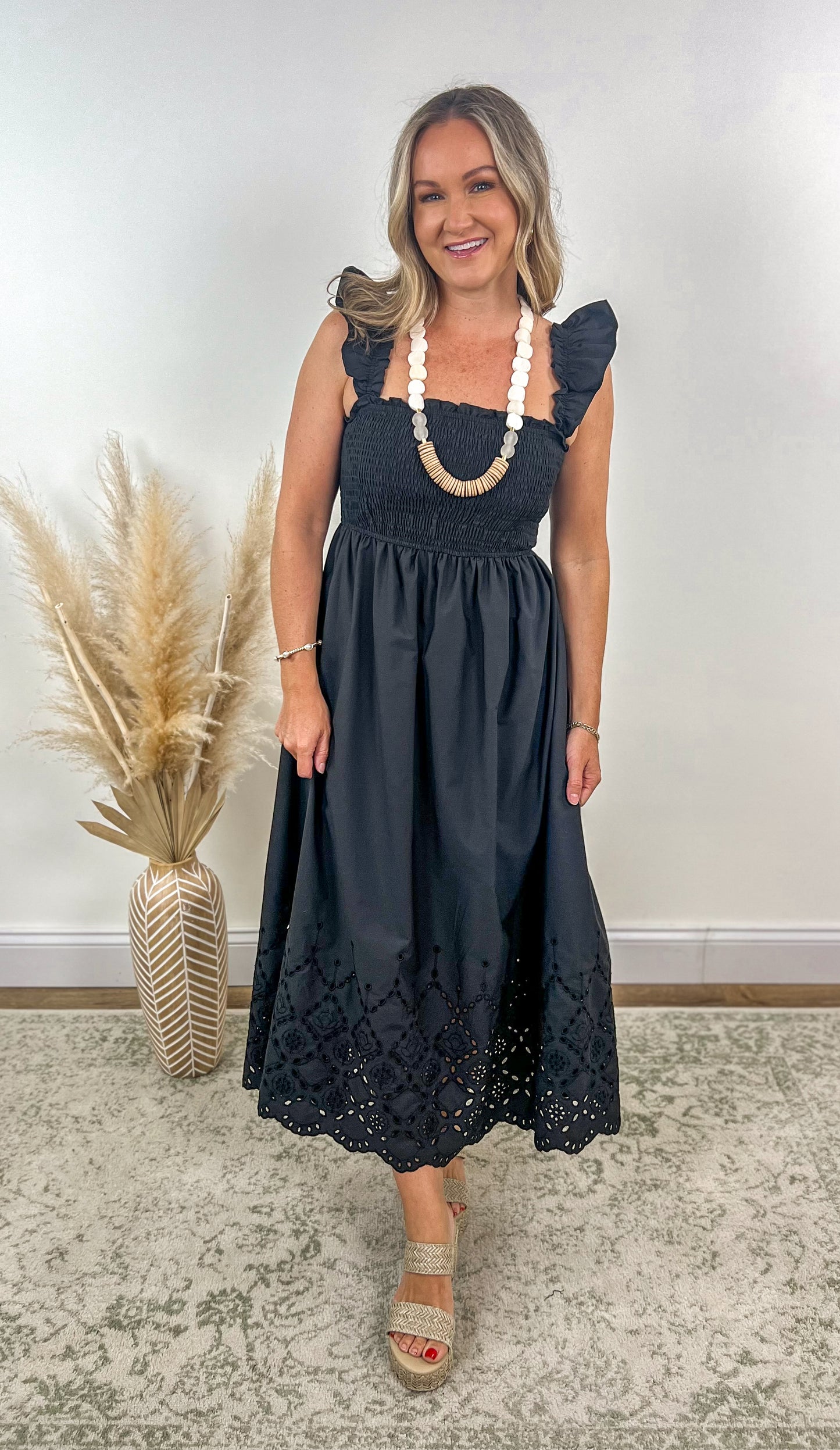 Ruffle Eyelet Midi Dress