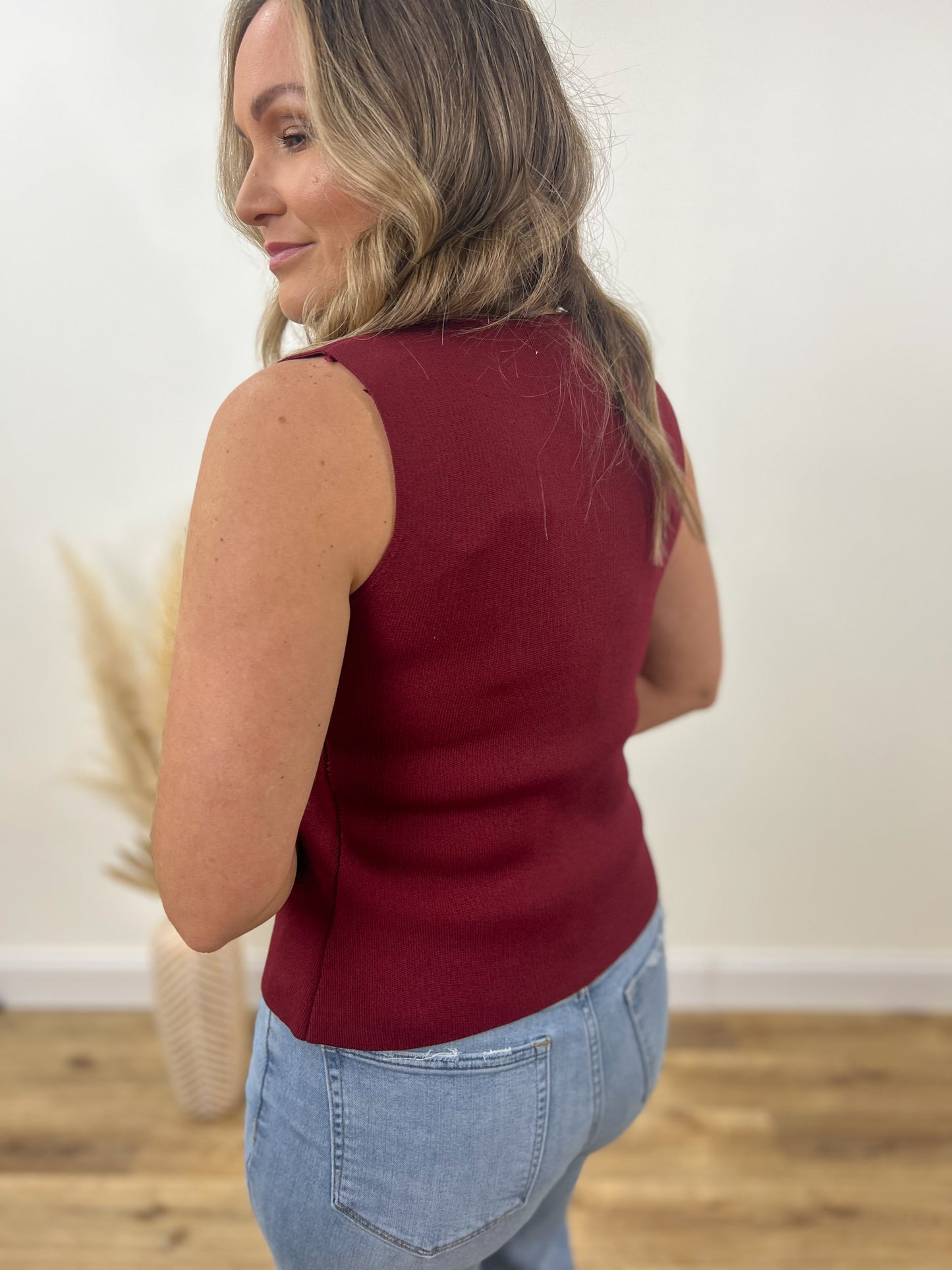 Gold Button Sweater Vest- Wine
