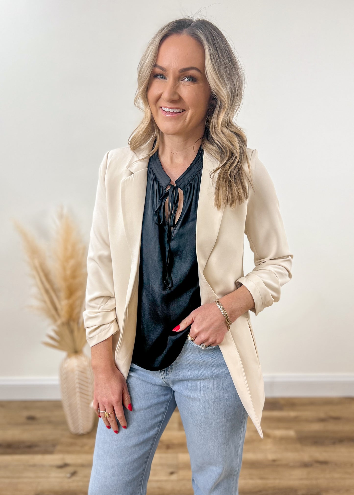 Ruched Sleeve Blazer- Cream