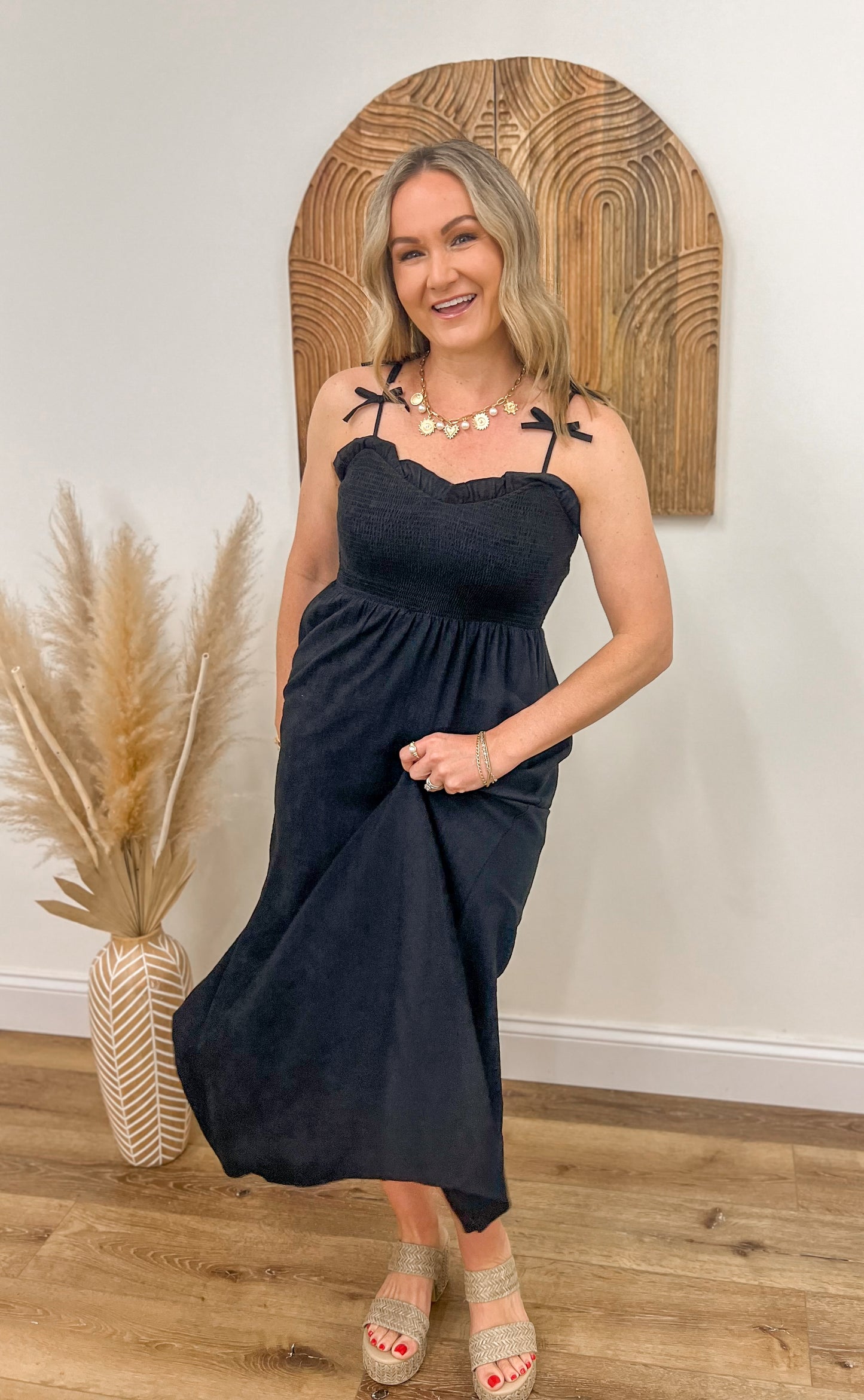 Bow Strap Black Midi Dress