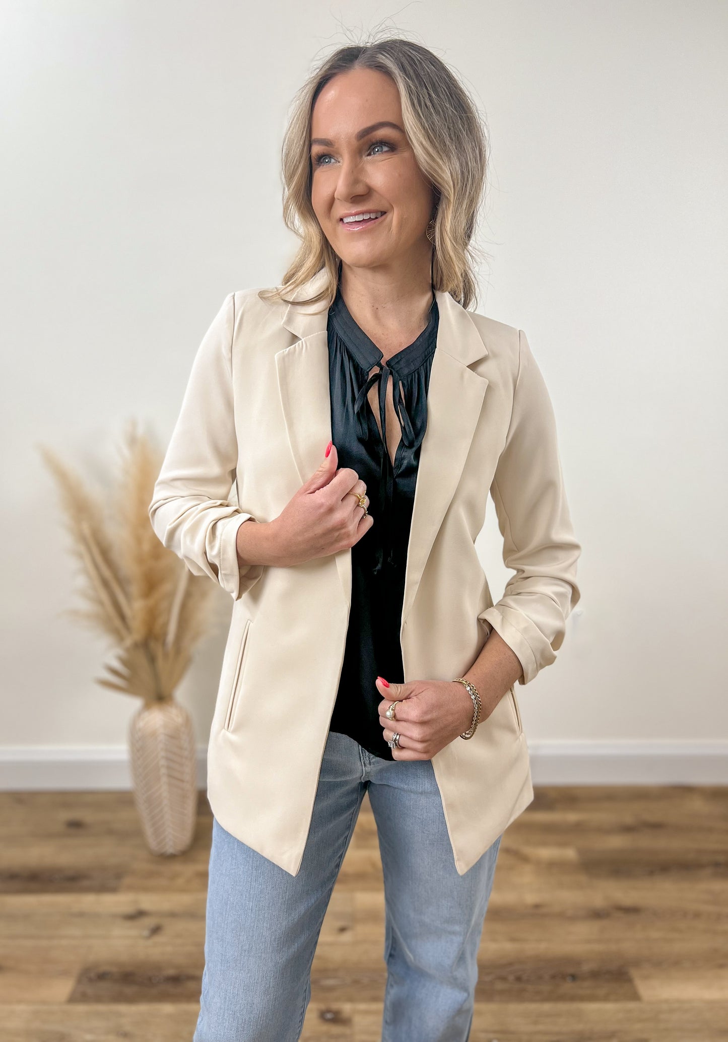 Ruched Sleeve Blazer- Cream