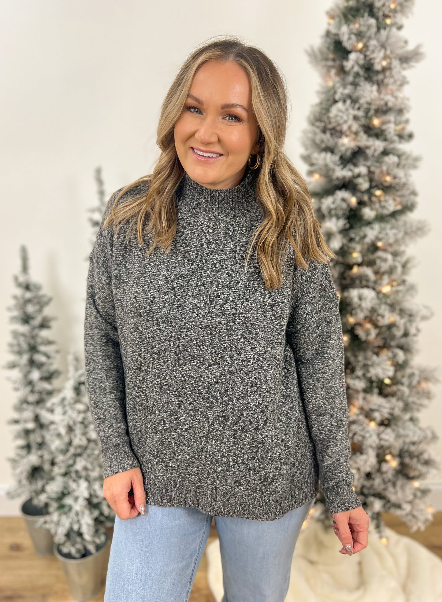 Mock Neck Marled Sweater- Charcoal