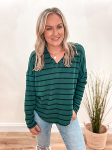 Striped Split Neck Brushed Top (S-3X)