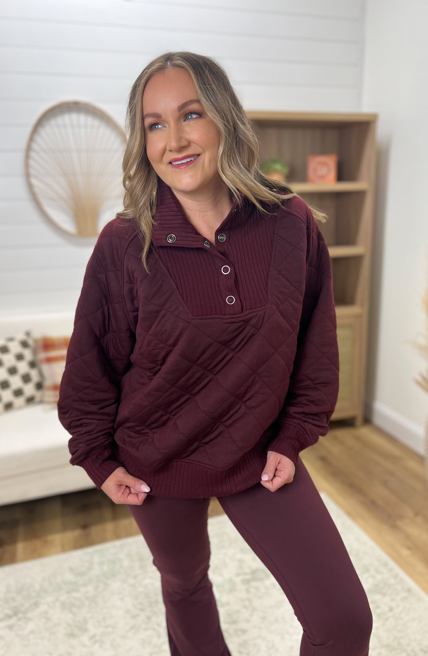 Quilted Snap Pullover- Dark Cherry