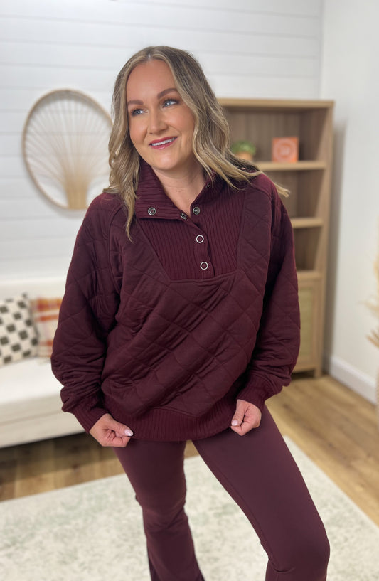 Quilted Snap Pullover- Dark Cherry