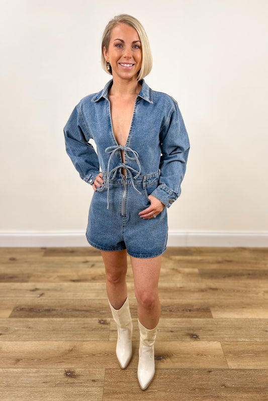 tie front denim romper