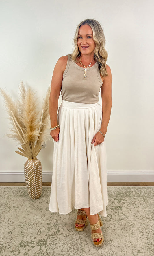 Cream Pleated Midi Skirt