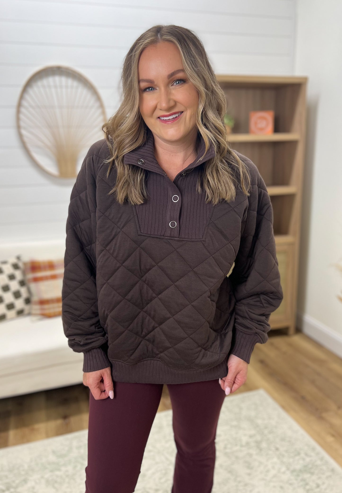 Quilted Snap Pullover- Espresso