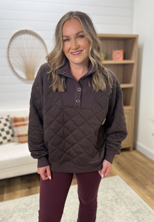 Quilted Snap Pullover- Espresso