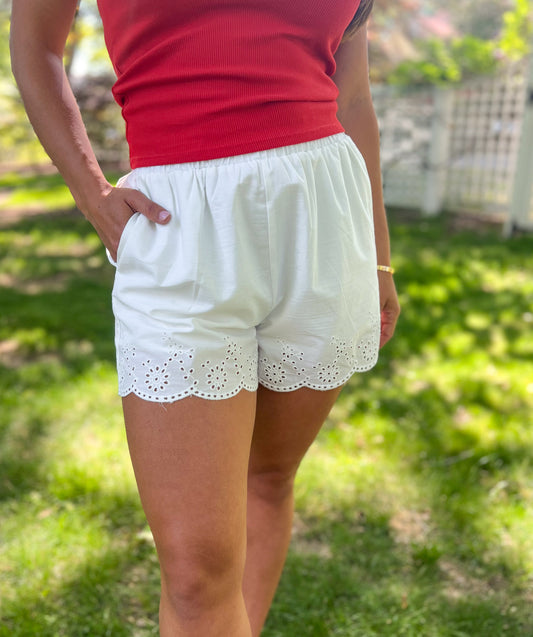 White Scalloped Eyelet Shorts