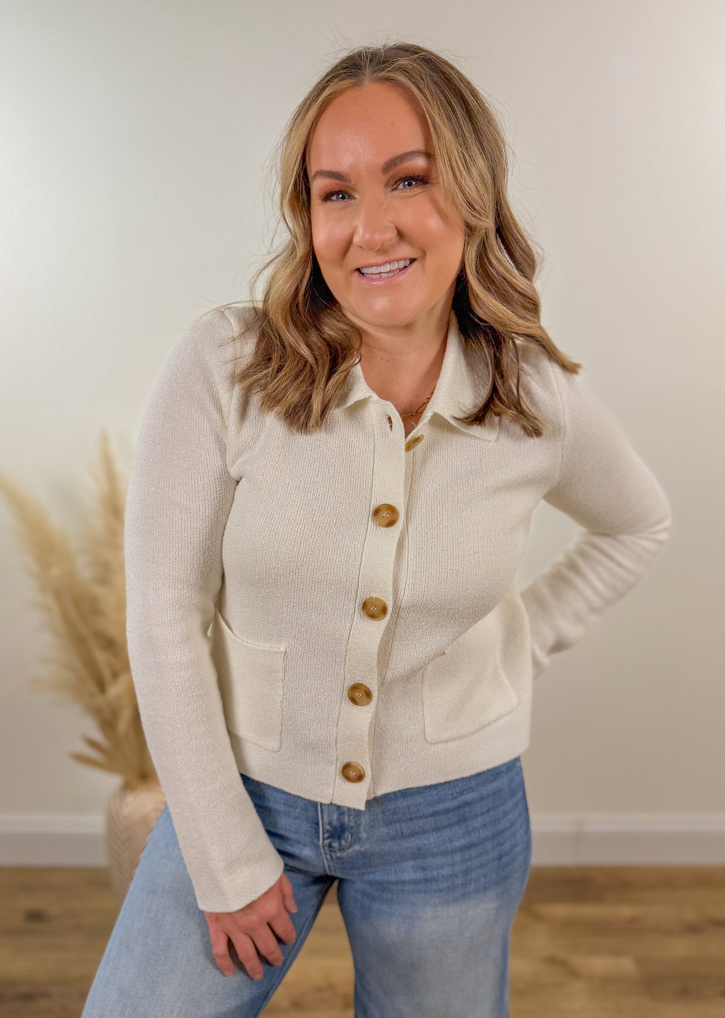 Collared Button Cardigan- Ivory