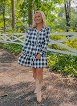 Load image into Gallery viewer, Olive &amp; Navy Plaid Babydoll Dress (S-L)