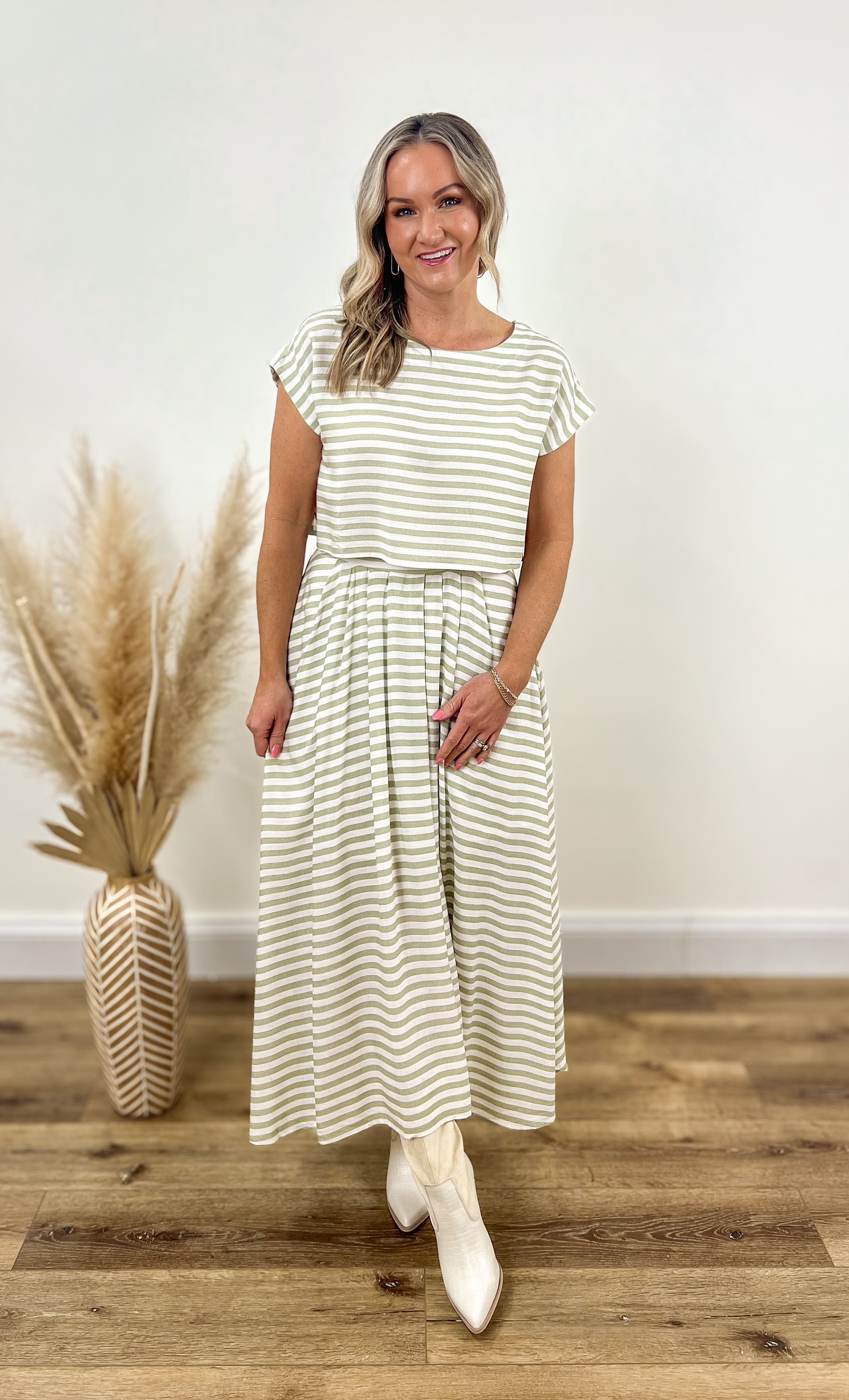 green stripe midi skirt set