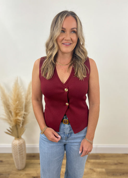 Gold Button Sweater Vest- Wine