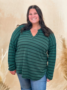 Striped Split Neck Brushed Top (S-3X)