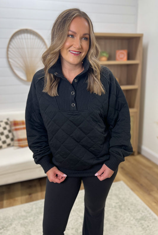 Quilted Snap Pullover- Black
