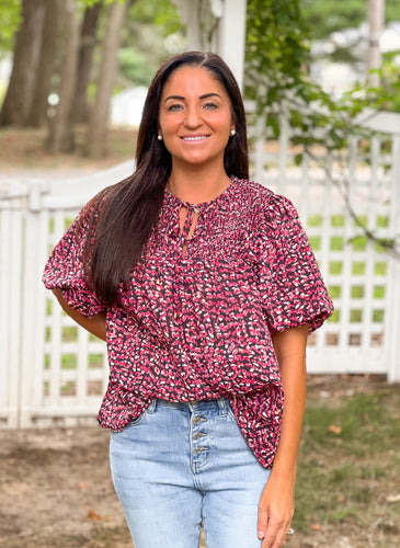 Pink Leopard Puff Sleeve Blouse