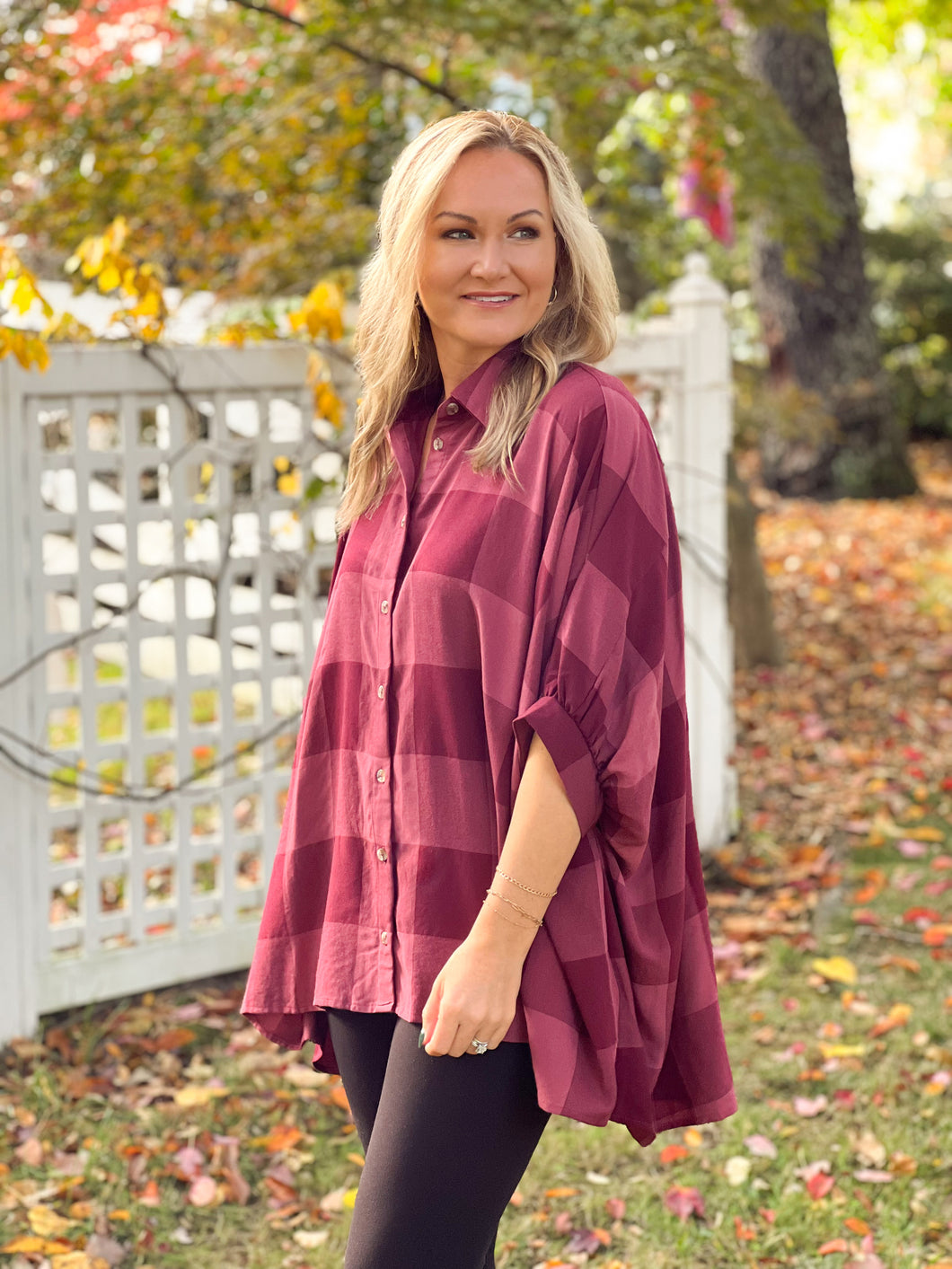 Burgundy Plaid Oversized Blouse
