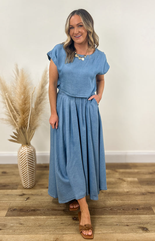 chambray denim midi skirt