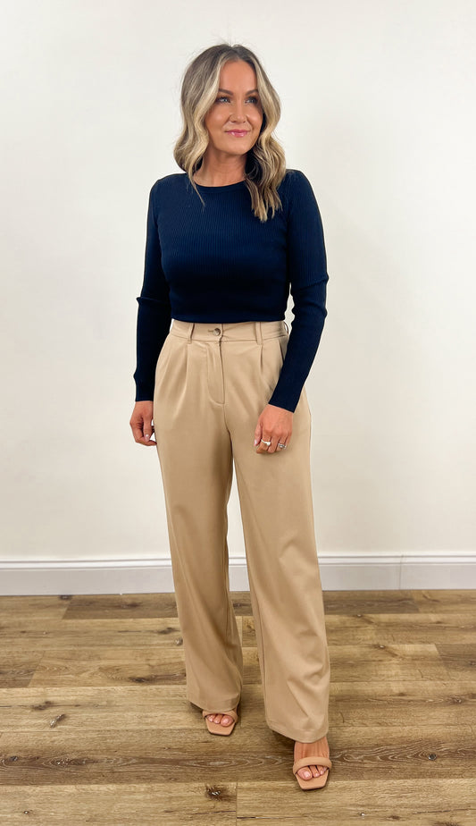 tan khaki pleated trouser