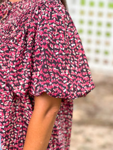 Pink Leopard Puff Sleeve Blouse