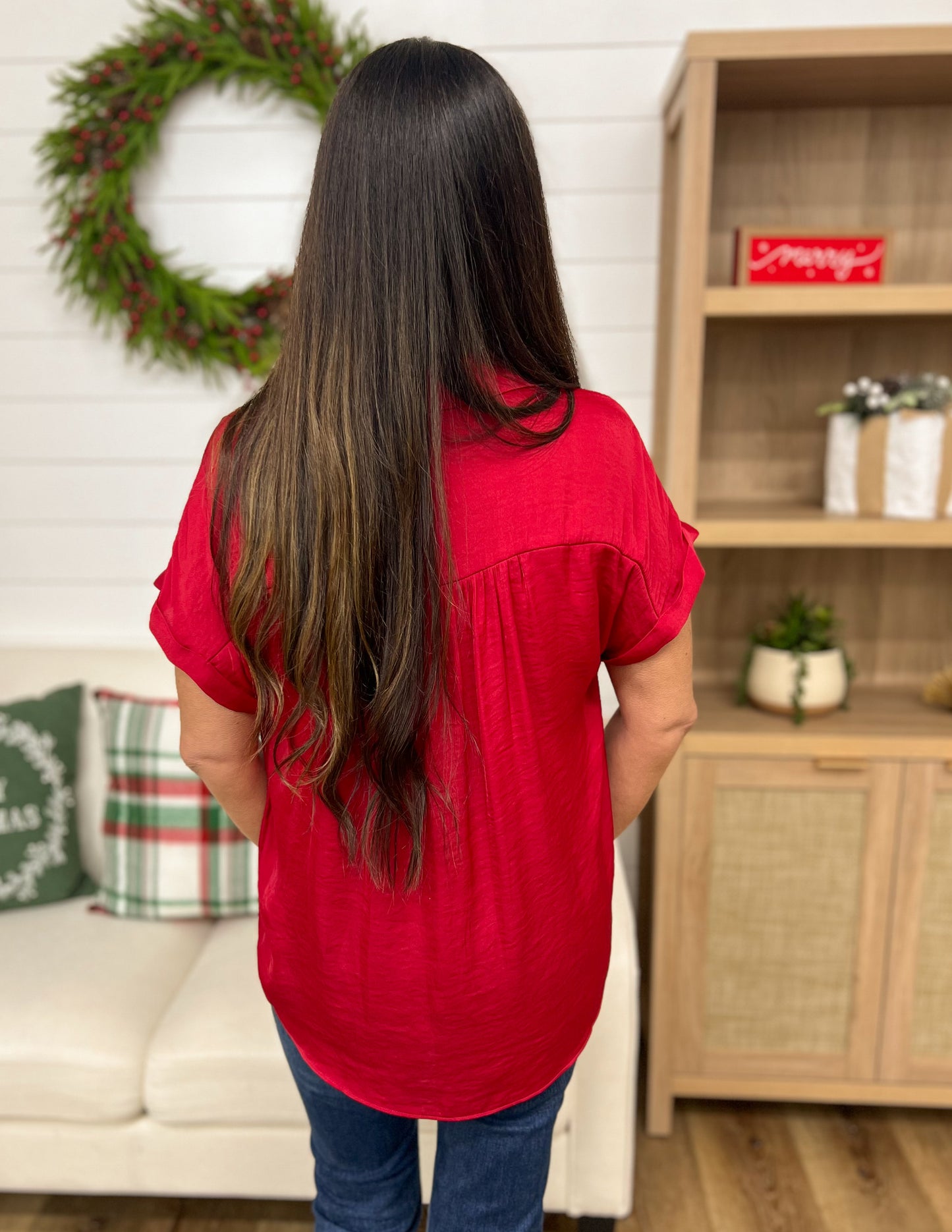 Holiday Satin Top- Crimson
