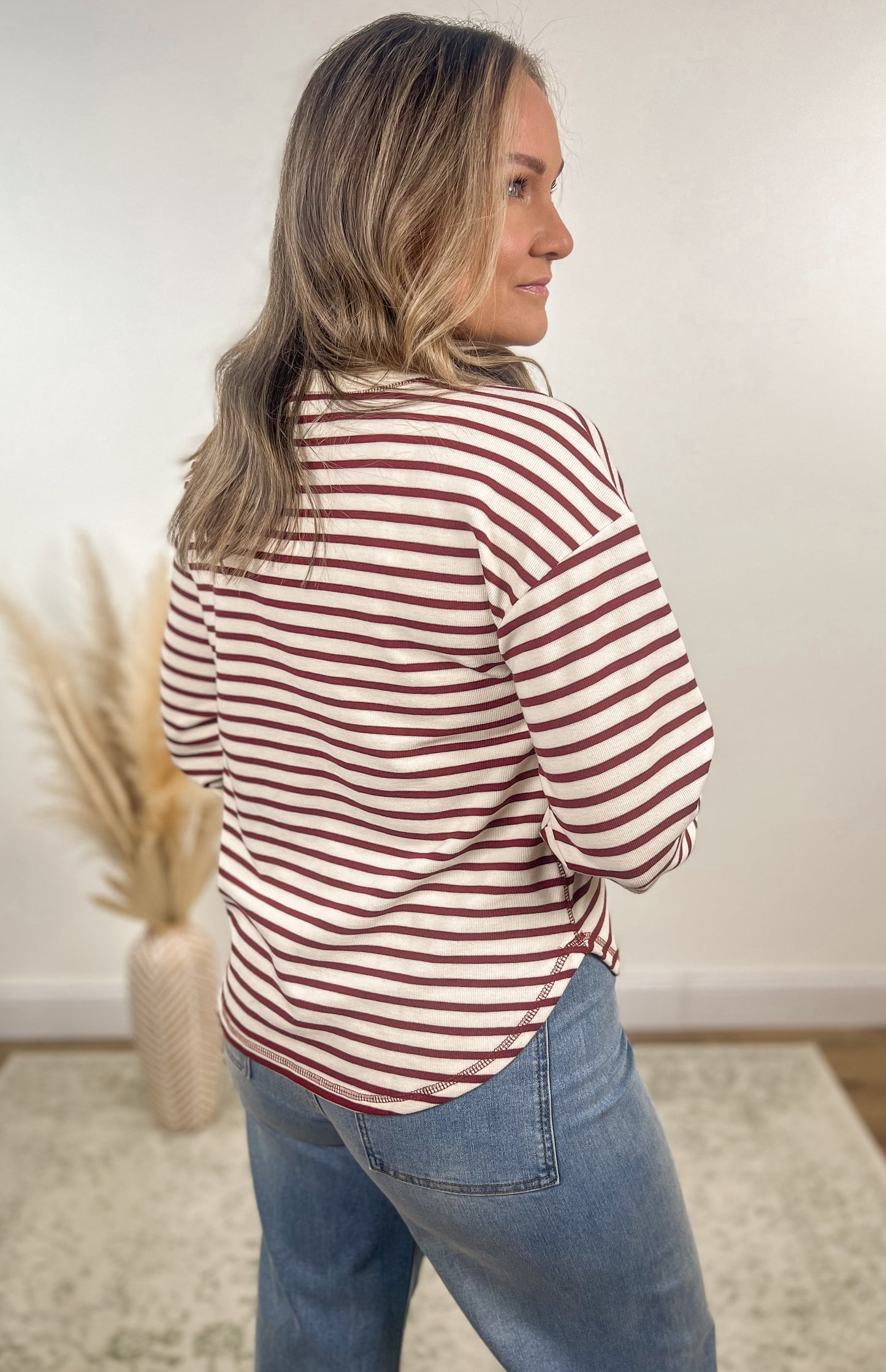 Fall Stripes Henley- Wine