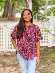 Pink Leopard Puff Sleeve Blouse