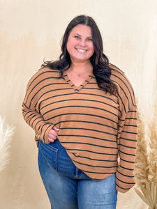 Striped Split Neck Brushed Top (S-3X)