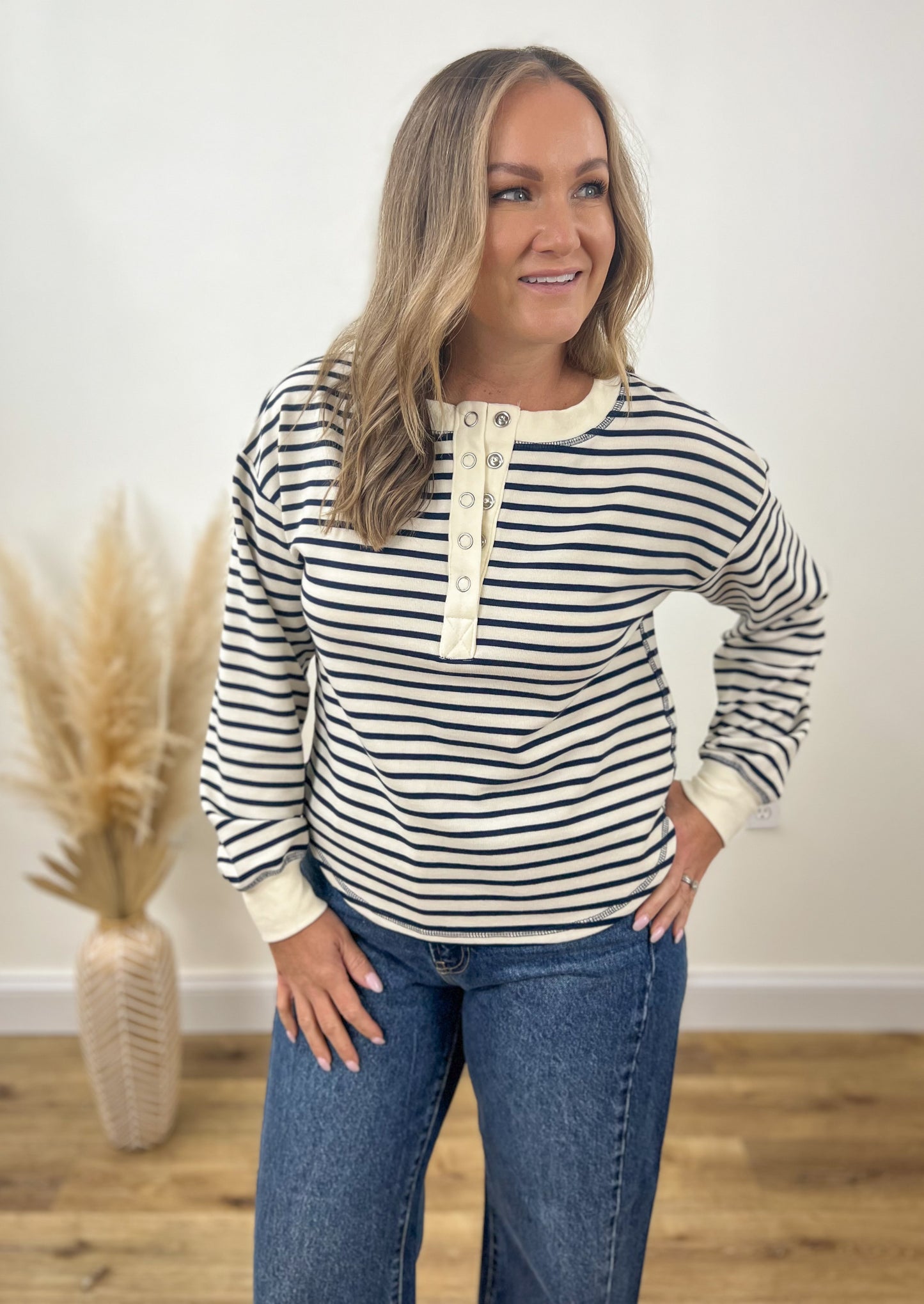 Fall Stripes Henley- Navy