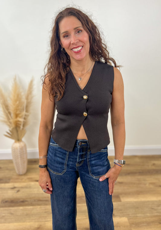 Gold Button Sweater Vest- Cocoa
